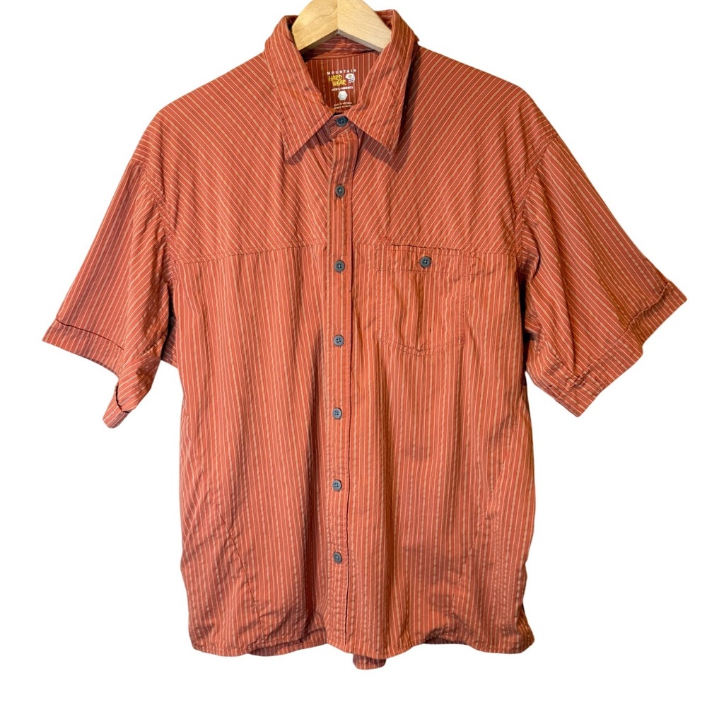 Mountain Hardwear Mens Hiking Shirt XL Short Sleeve Vented Striped Orange